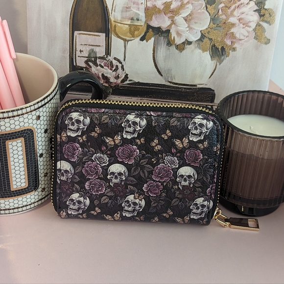 Skullette Handbags - Skullette Brand Purple Roses & Skulls Vegan Leather Wallet New!